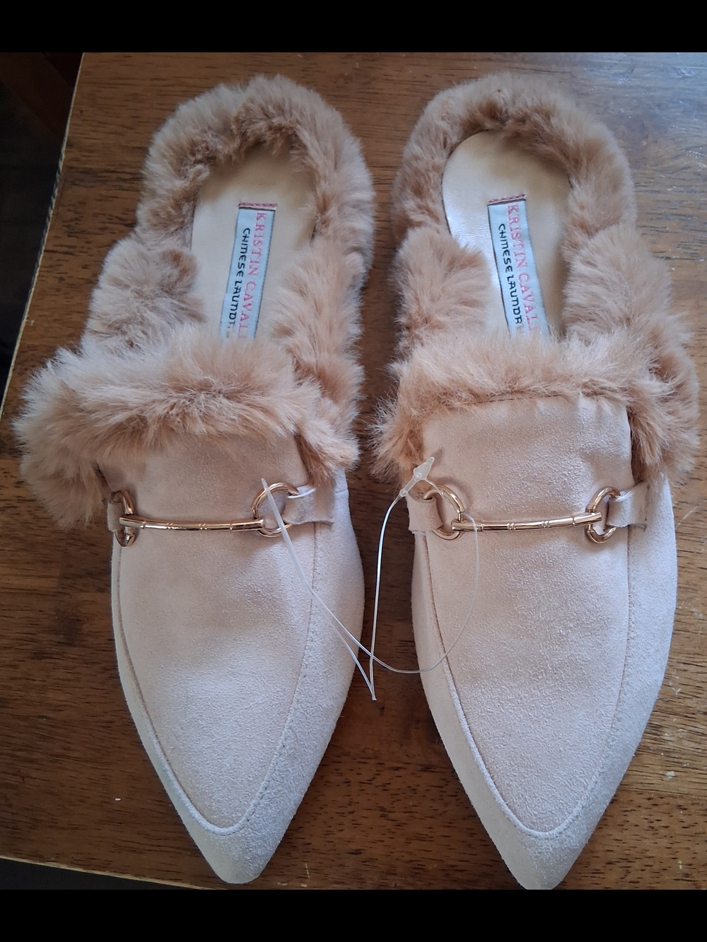 Faux-Suede Faux-Fur Pointed Mule in Blush with Gold Bit